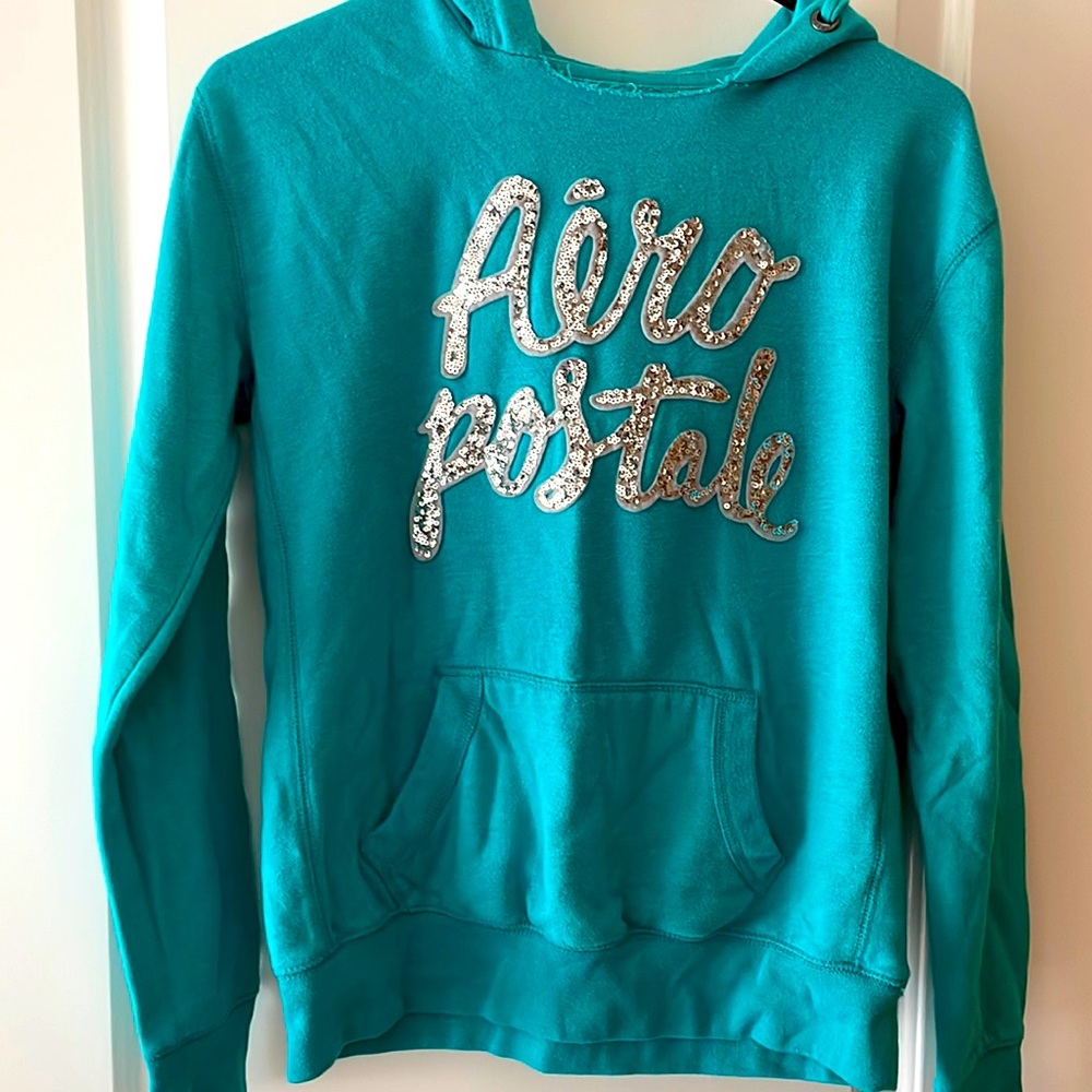 Aeropostale teal sweatshirt pull over (hooded) like new  size S/P.